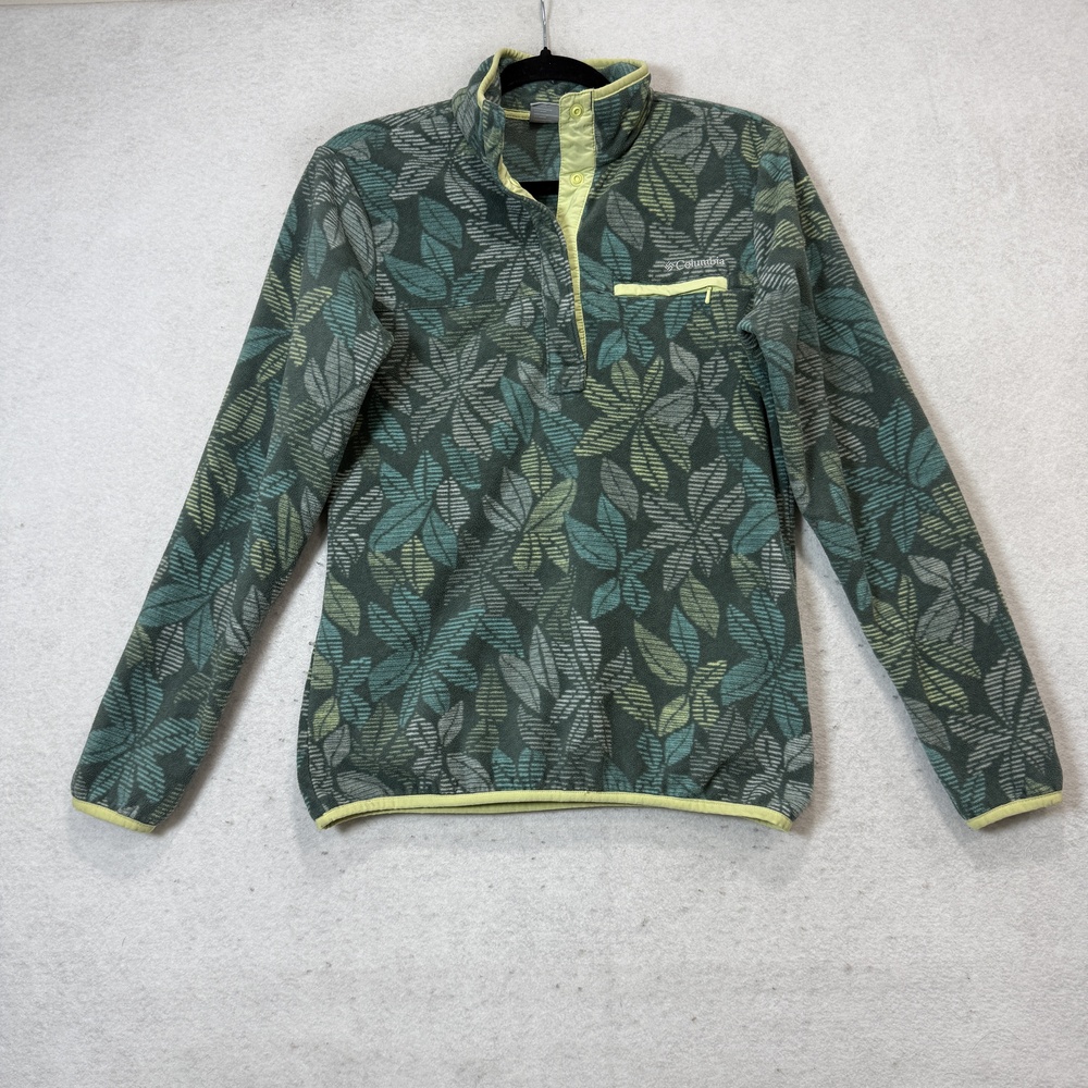 Columbia Pullover Womens Small Green Leaf Print Fleece Snap Mock Neck Top Hiking